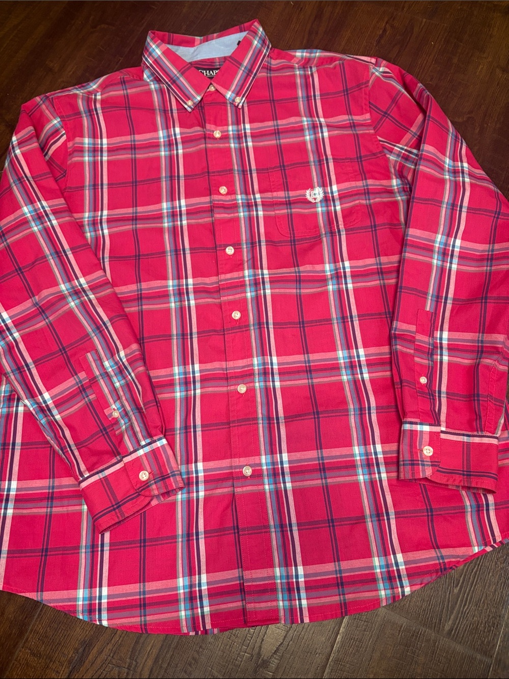 Chaps Men's XL Pink Blue Plaid Button-Down Long Sleeve Collared Dress Shirt